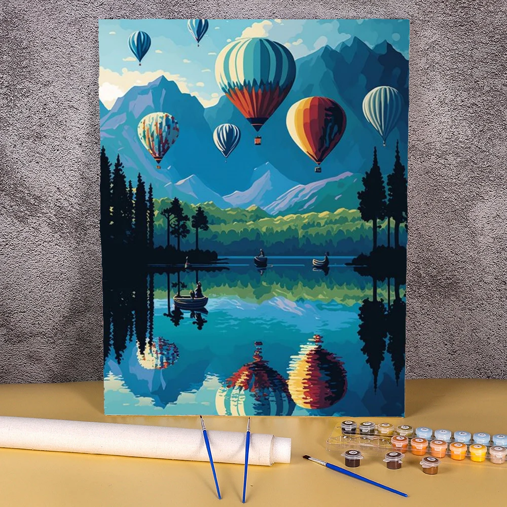 アクリル画 4号サイズ 滝の山の絵、数字による手描きのキャンバス、大人のための風景