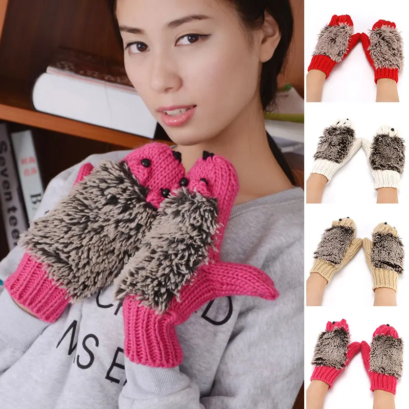 

Winter Knitted Full Finger Gloves For Women Cartoon Hedgehog Gloves Without Fingers Outdoor Windproof Warm Velvet Plush Mittens