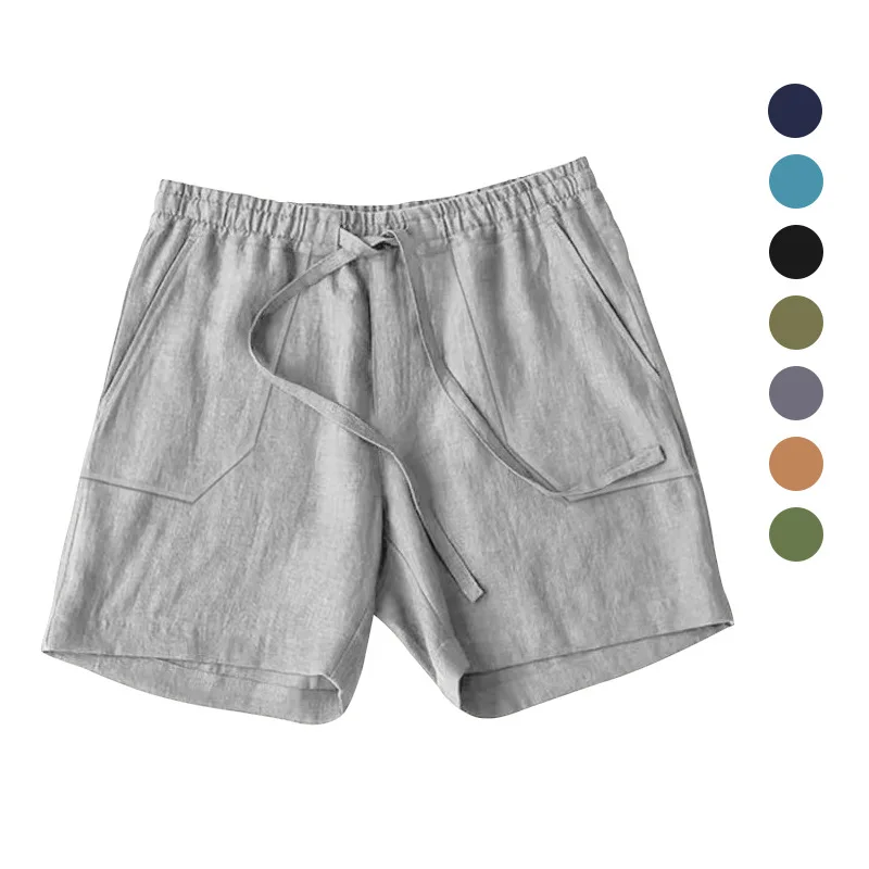 Casual Pants European and American Men's Summer Cotton and Linen Shorts Drawstring Elastic Waist Solid Color Breathable Beach
