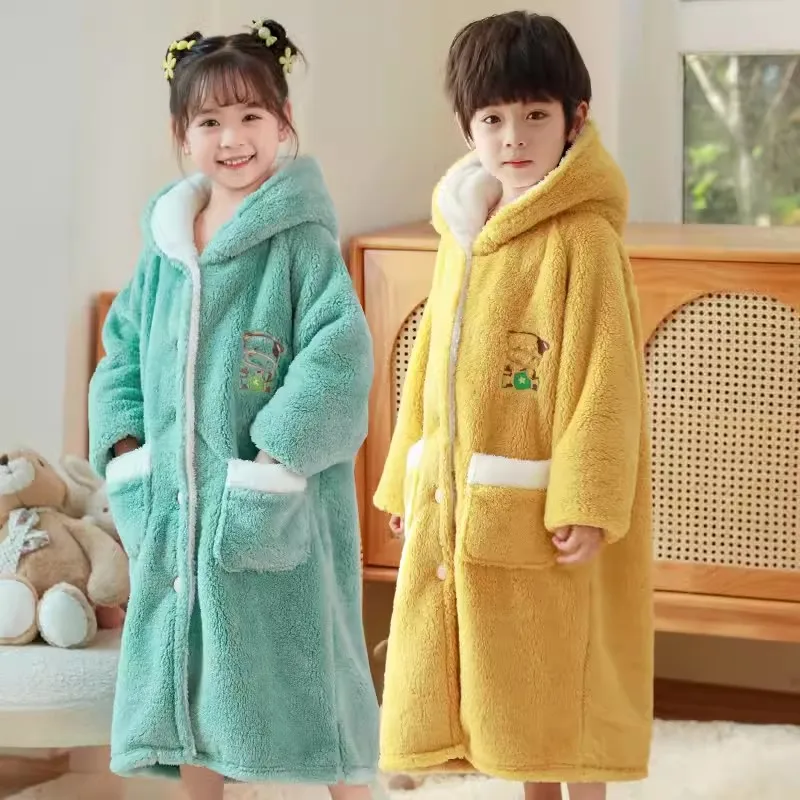 Fashion Hooded Sleepwear for Boys Winter Teenage Thicken Warm Bathrobes Kids Girls Cartoon Bear Flannel Lengthen Homewear 8 12 Y