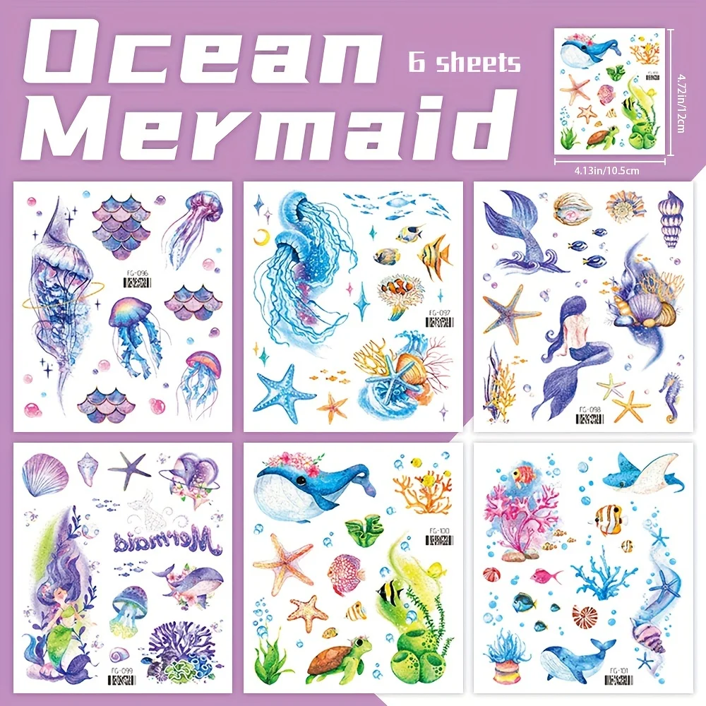 6 시트 만화 바다 인어 어린이를위한 임시 문신 여성 반짝이 방수 얼굴 문신 스티커 파티 호의 선물