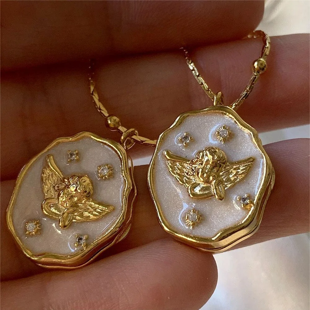 Retro Photo Frame Locket Pendant  Angel Necklace for Women Gold Plated Stainless Steel Collar Necklaces Vintage Jewelry Gifts