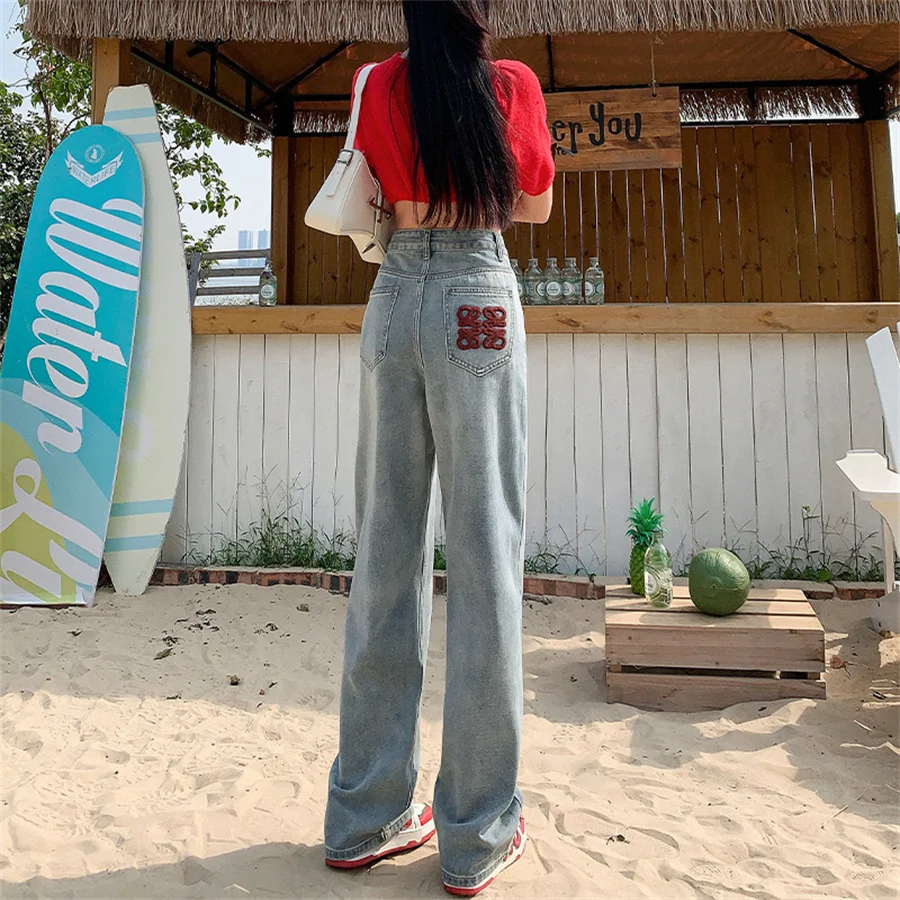 Embroidery Velvet Lined Wide Leg Jeans Winter Design Casual High Waist Baggy Straight Vaqueros Korea New Warm Woman Denim Pants