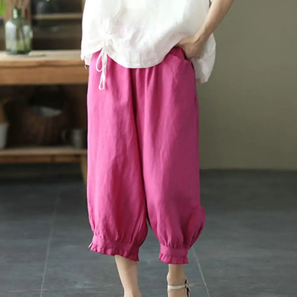 

Women Casual Trousers Soft Breathable Women's Harem Pants with High Elastic Waist Loose Pockets Mid-calf Length Retro for Summer