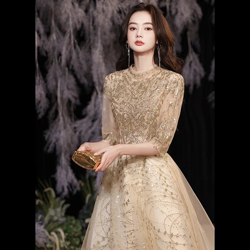 

Champagne Gold Sequins Evening Dress Women O-neck Seven Sleeve A-line Tulle Prom Gown Elegant Modern Applique Cocktail Dresses