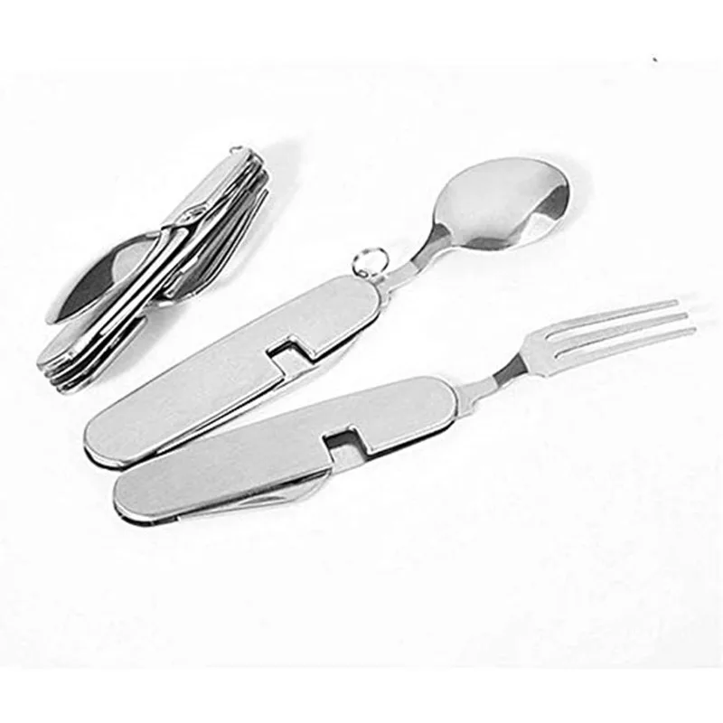Multifunctional Foldable Detachable Cutlery Set Stainless Steel 4-in-1 Camping Fork Spoon Knife Opener for Hiking Travel Outdoor