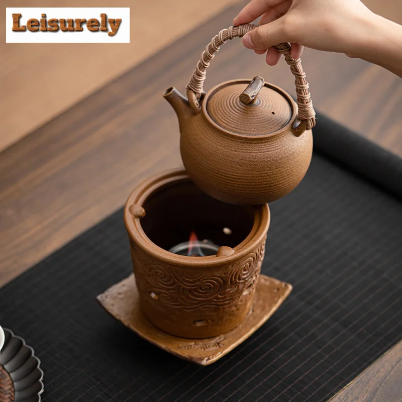 Sauce Glazed Old Rock Mud Alcohol Teapot Warmer Retro Trivet Tea Stove Boiling Kettle Stand Heater Teaset Accessories Decoration