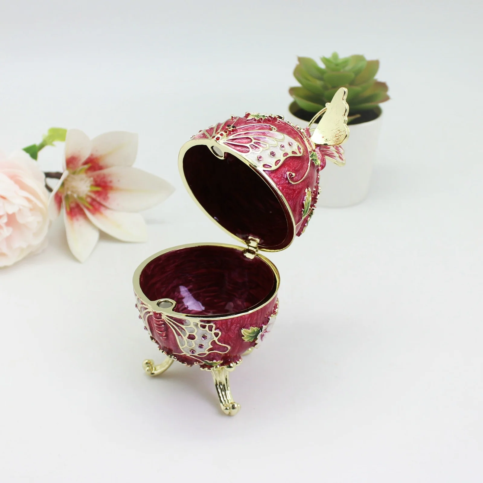 SHINNYGIFTS Schmetterlings-Osterei-Schmuckkästchen im Faberge-Ei-Stil mit Scharnier, Schmuckschatulle aus Metall für Heimdekoration, Ostergeschenke – Detail 12