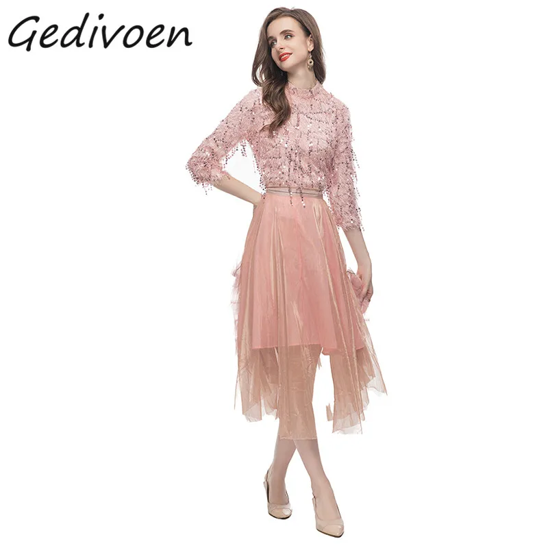 

Летний модный дизайнерский винтажный костюм Gedivoen с юбкой, женский топ с круглым вырезом и бахромой и блестками + сетчатая длинная юбка с эластичным поясом, комплект из 2 предметов