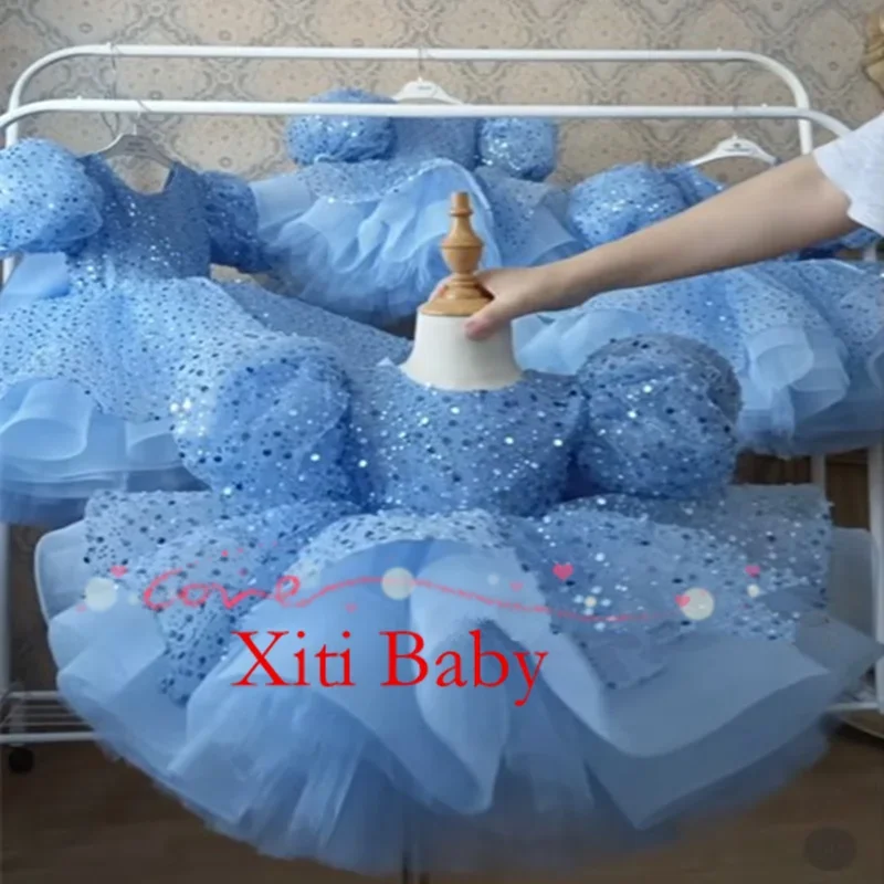 Luxurious Flower Girl Dress Scoop Neck Puff Girls Party Dresses for Wedding Puff Sleeves Tulle Kids Christmas Ceremonial Dress