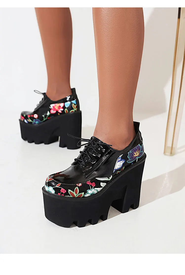 Ultra High Waterproof Platform Wedge Heel Raised Breathable Pumps Embroidered Floral Punk Style Lace Up Polyurethane Sole Pumps