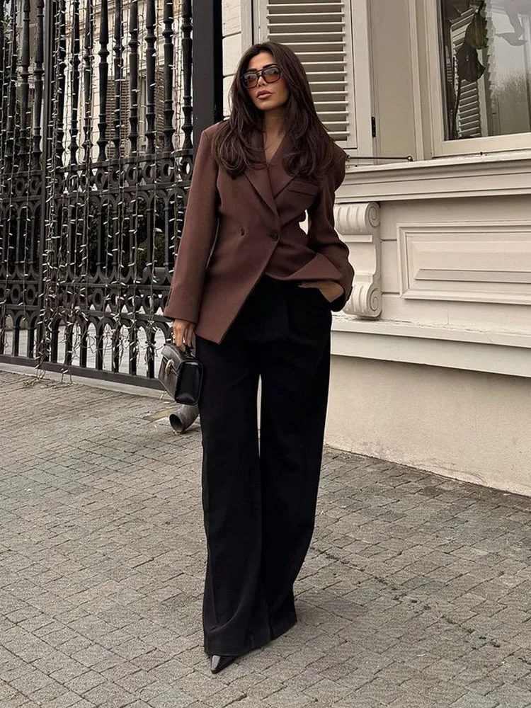 Women Fashion Solid Blazer Lapel Slim Double Breasted Long Suit Coat Female Office Commute Blazers Woman Street Outercoat Top ﻿