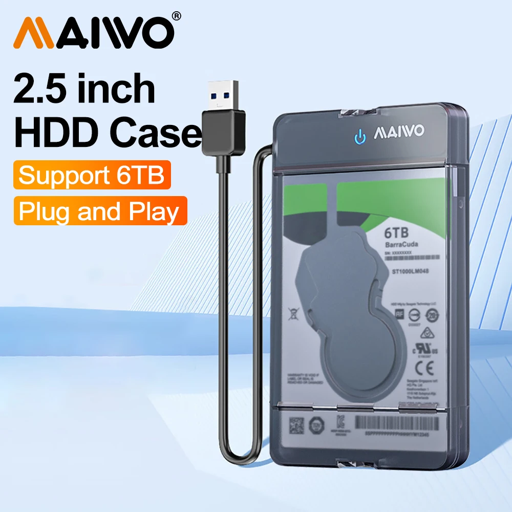

MAIWO USB3.0/Type C External Hard Drive Enclosure for 2.5 Inch SATA HDD and SSD Transparent Hard Disk Case Tool-Free Support 6TB