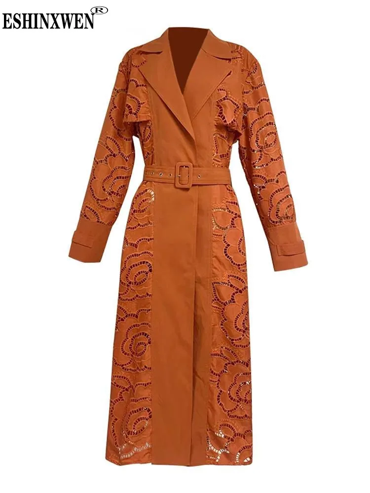 

Eshin 2023 Spring Hollow Out Windbreaker For Women Lapel Long Sleeve Spliced Belt Elegant Trench Female Fashion Dress TH6188