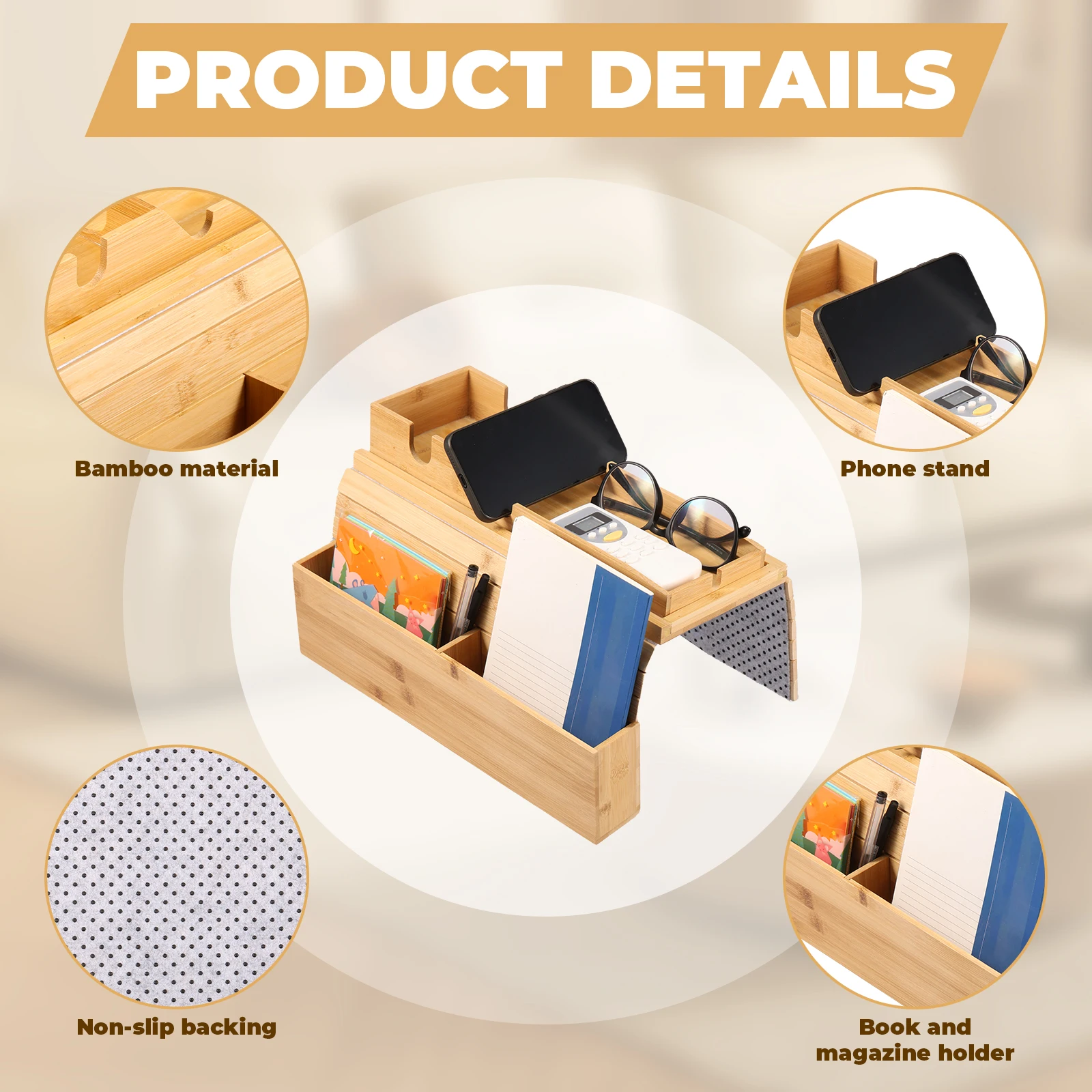 Couch Cup Holder Bamboo Sofa Armrest Tray Foldable Anti-Slip with Side Storage Pocket Remote Control Cups Snack Organizer 4