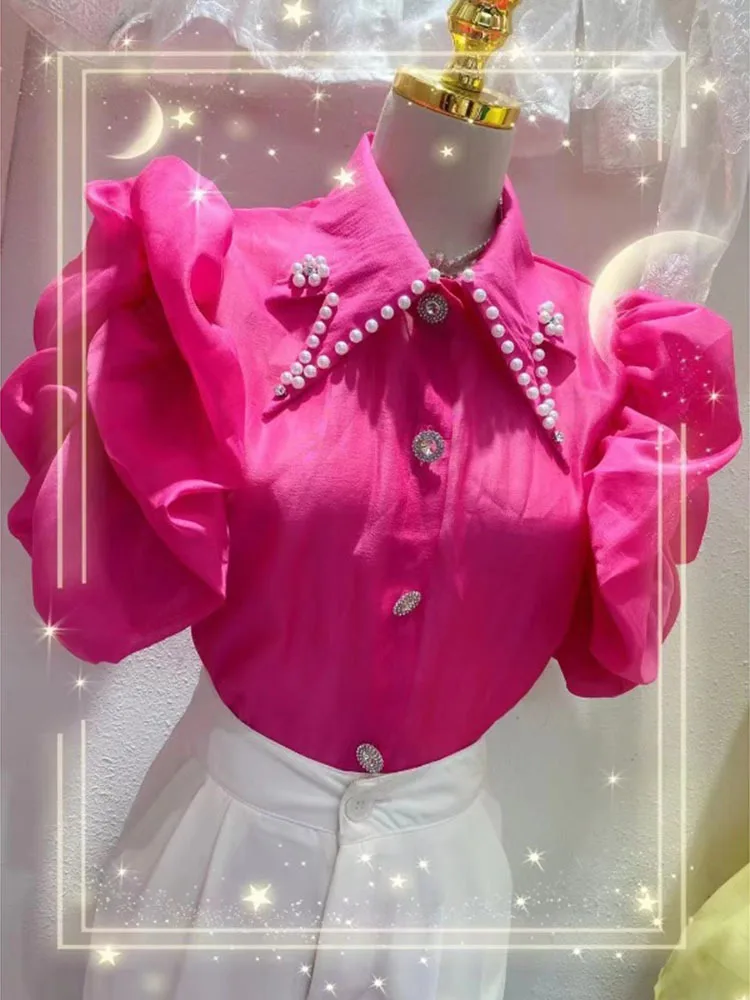 

Шифоновая Блузка с бусинами и заостренным воротником в Корейском стиле, Новинка лета 2024, модная блузка с коротким рукавом, женские топы