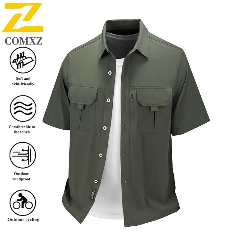Spring Men's Ice Silk Camp Shirt Breathable Short Sleeve Utility Shacket with Multi-Pockets for Outdoor Streetwear Sports Jacket