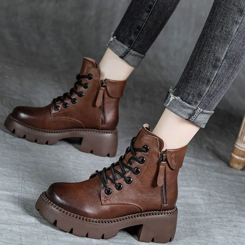 

Короткие женские ботинки, новинка зима 2023, женские ботинки из натуральной кожи с высокой талией, Модные Винтажные ботинки челси на толстом каблуке с коротким рукавом