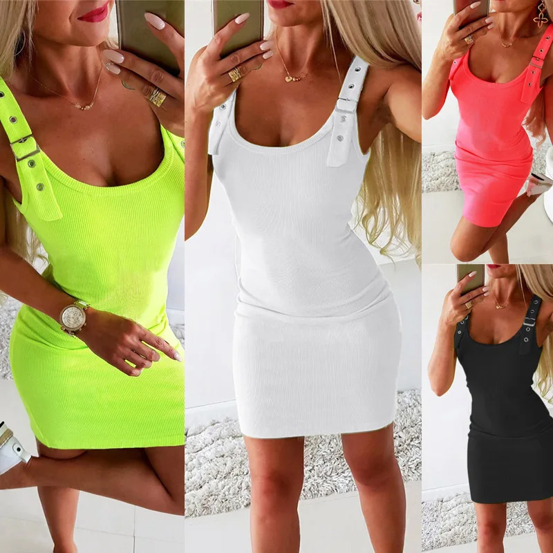 

New 2022 square neck solid color sexy U-neck suspenders slim sleeveless vest dress solid color stitching miniskirt