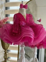 Luxurious Rose Pink Baby Girls Dresses Tulle Tiered Infant Girls Birthday Party Gown Christmas New Year Dress Gift 1-11Years