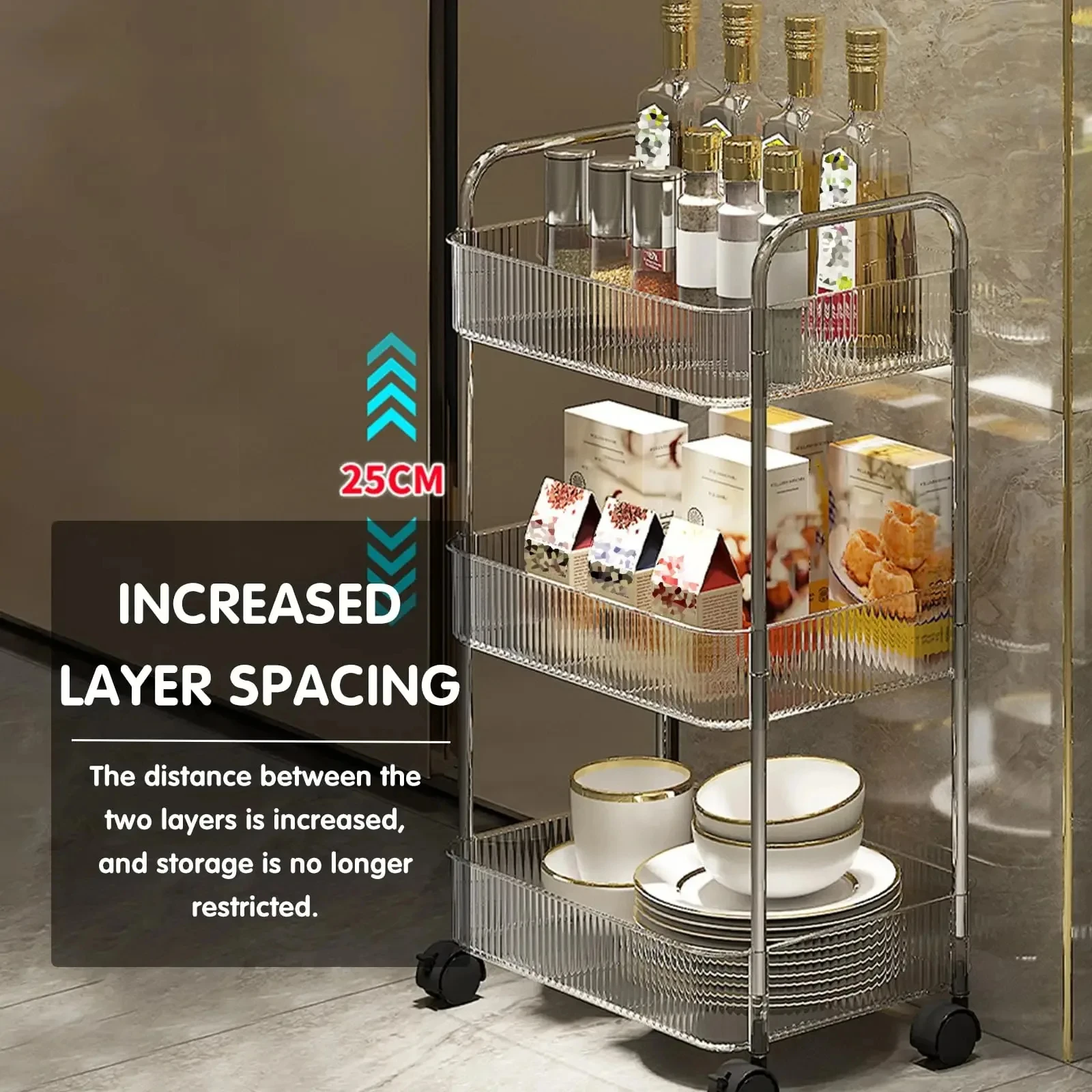Storage Rack Light Luxury 2/3/4 Layers Transparent Acrylic Rolling Cart with Removable Hanging Baskets for Snacks Bookshelf rolling storage cart