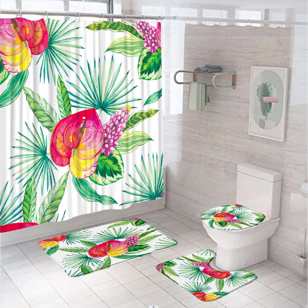 

Abstract Tropical Leaves Bathroom Shower Curtain Set Palm Leaf Plant Flower Bathtub Fabric Screen With Rug Bath Mat Toilet Cover