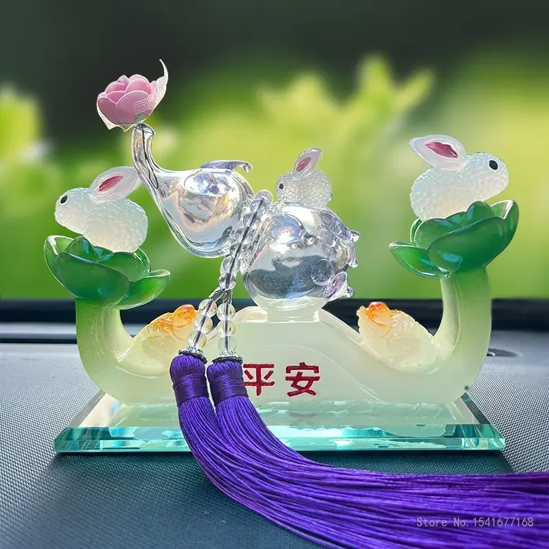 Chinese Style Crystal Glass Animal Rabbit Sculptures, Wealth Seeking Lucky Gourds, Home Living Room Car Interior Decoration, 1Pc