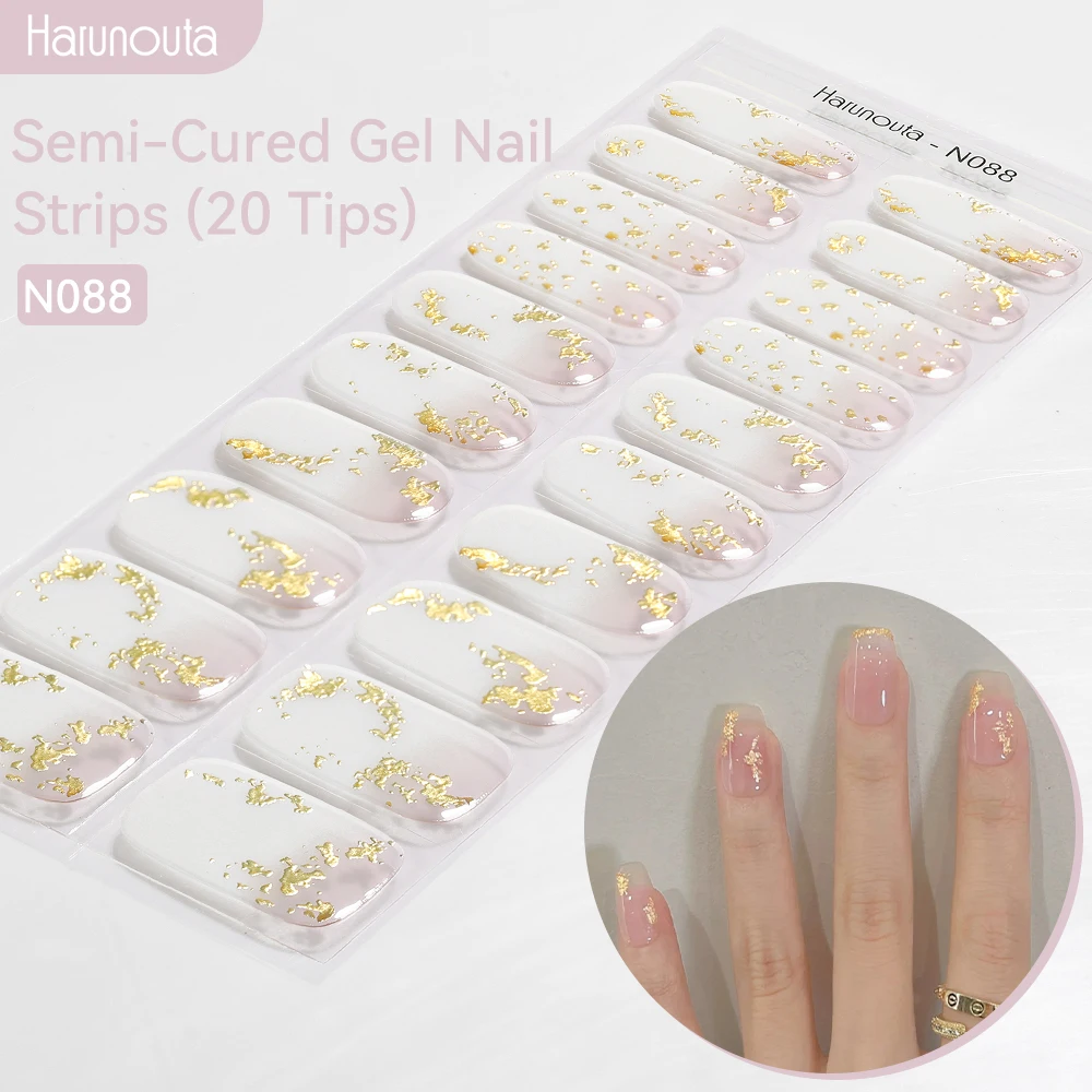 Nail Stickers Harunouta Gold Foil Semi-Cured Gel Adhesive Waterproof Long Lasting Full Cover Gel Nail Stickers UV Lamp Needed
