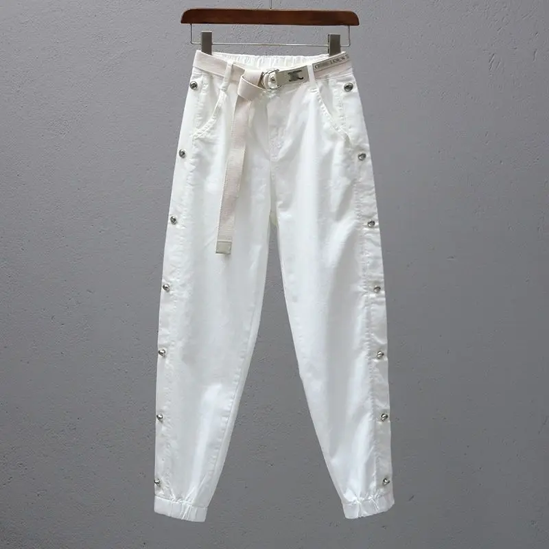 

Spring Summer Women Cotton White Black Pants Elastic High Waist Loose Harem Trousers Female Casual Ankle-length Pantalons 3XL