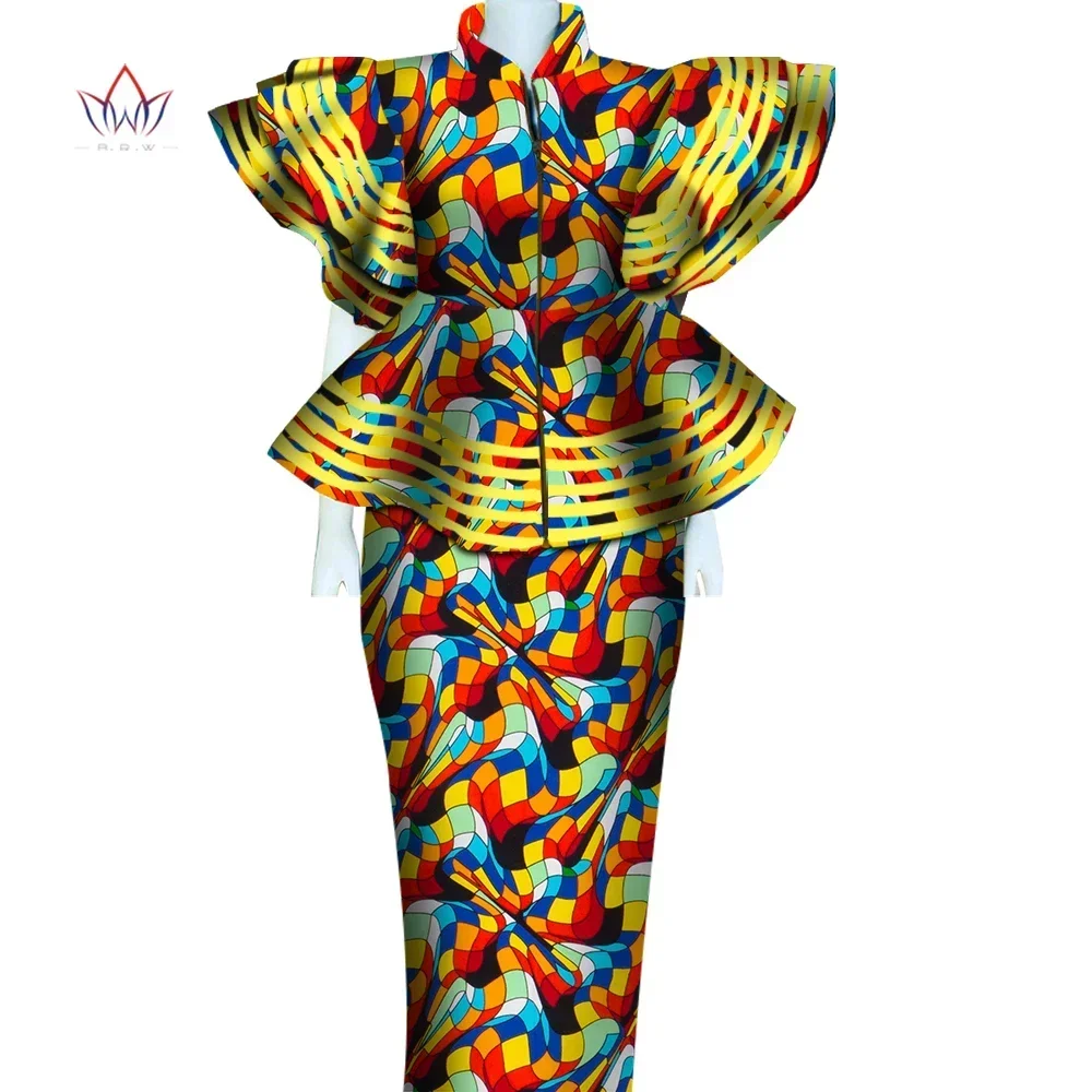 2pcs Suits Women African Clothing Dashiki Bazin Riche Women Skirt Set Print Patchwork Customization Zipper Top Skirts WY4864