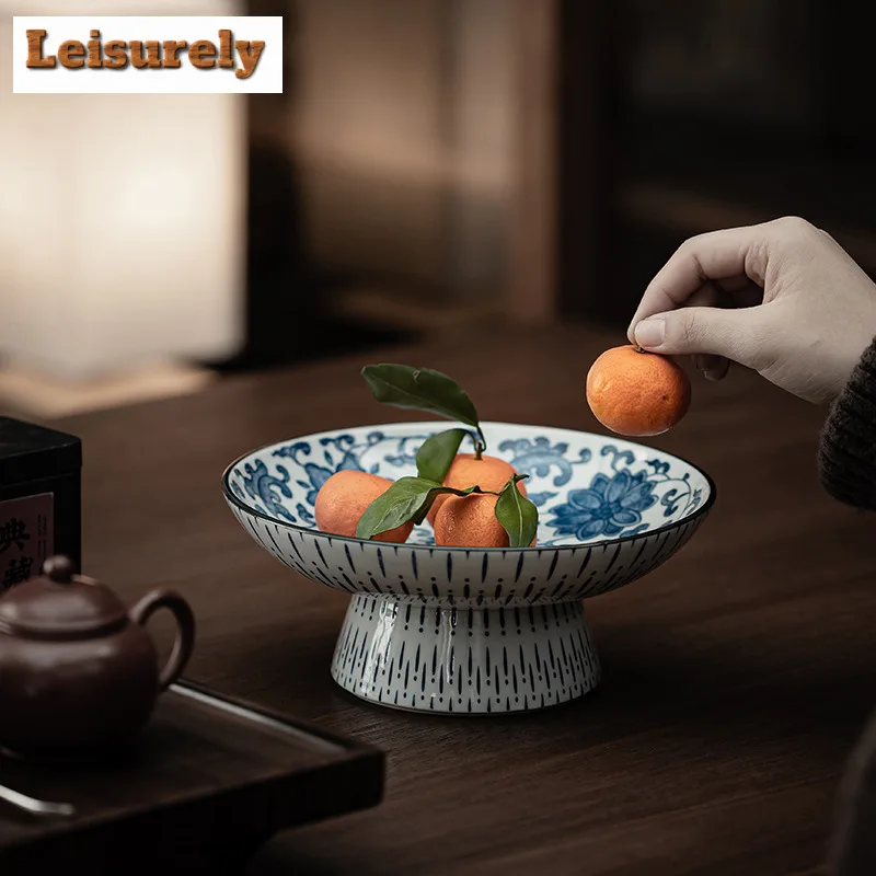 Blue And White High Foot Fruit Dishes Leachate Pastry Plate Dry Fruit Serving Tray Dessert Tray Household Sharing Plate Holder