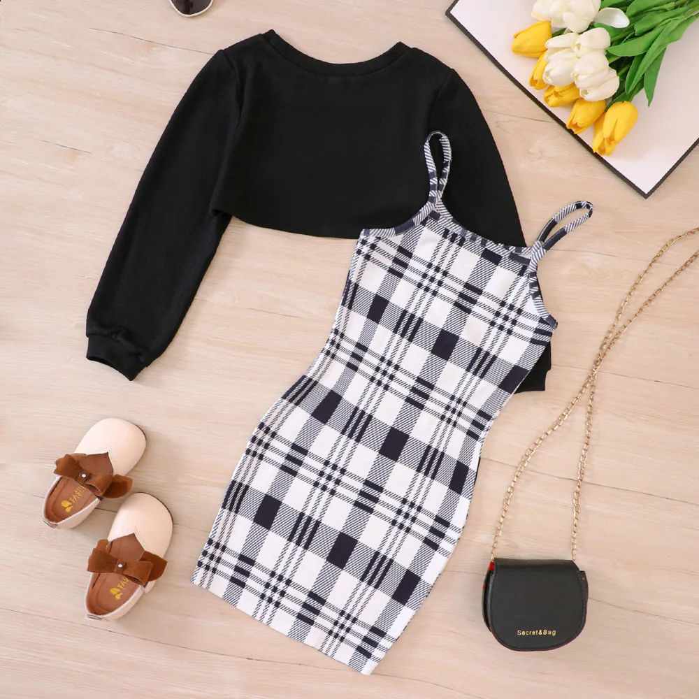 Girl's 2pc Plaid Dress with Black Cropped Top Sweater 2
