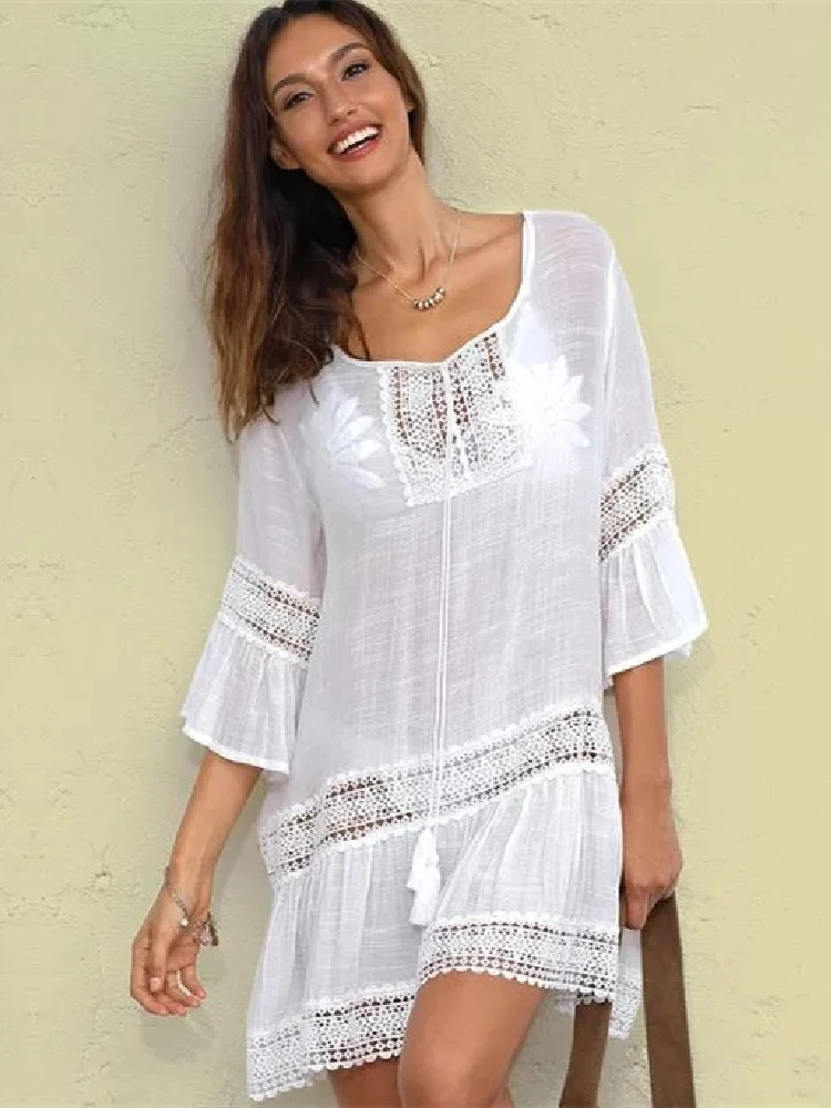 Sexy Bikini Set Cover-ups Casual V-neck Short Sleeve Summer Beach Dress White Tunic Women Beach Wear Swim Suit Cover Up 382 beach cover