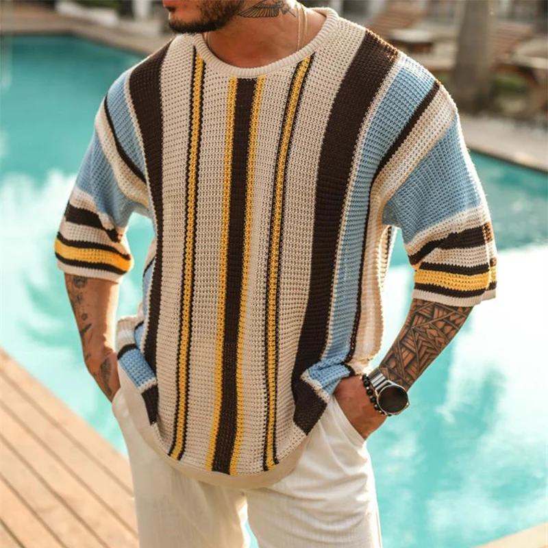 

2023 Streetwear Beach Tees For Man Fashion Colored Striped Men's t Shirts Casual 3/4 Sleeve O Neck Fitted Knitted Pullover Top