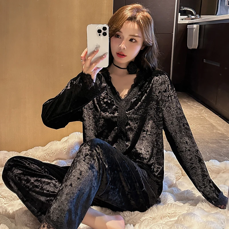 Autumn and Winter New Pajamas Women's Long Sleeve ins Japanese Gold Velvet Spring and Autumn Set Cardigan V-Neck Home Fur
