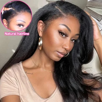 Brazilian Virgin Human Hair 13X4 Kinky Straight HD Lace Front Glueless Wigs for Women Pre Bleached Knots 4C Yaki Human Hair Wig 1