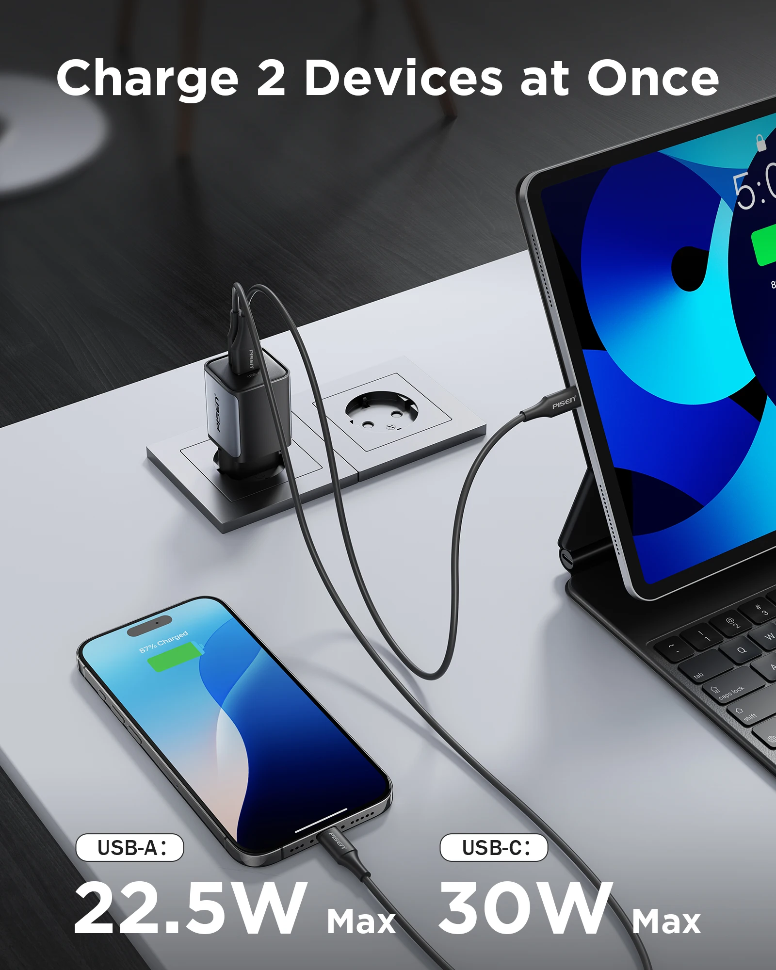 PISEN Charger Dual-Port 30W Fast Charging