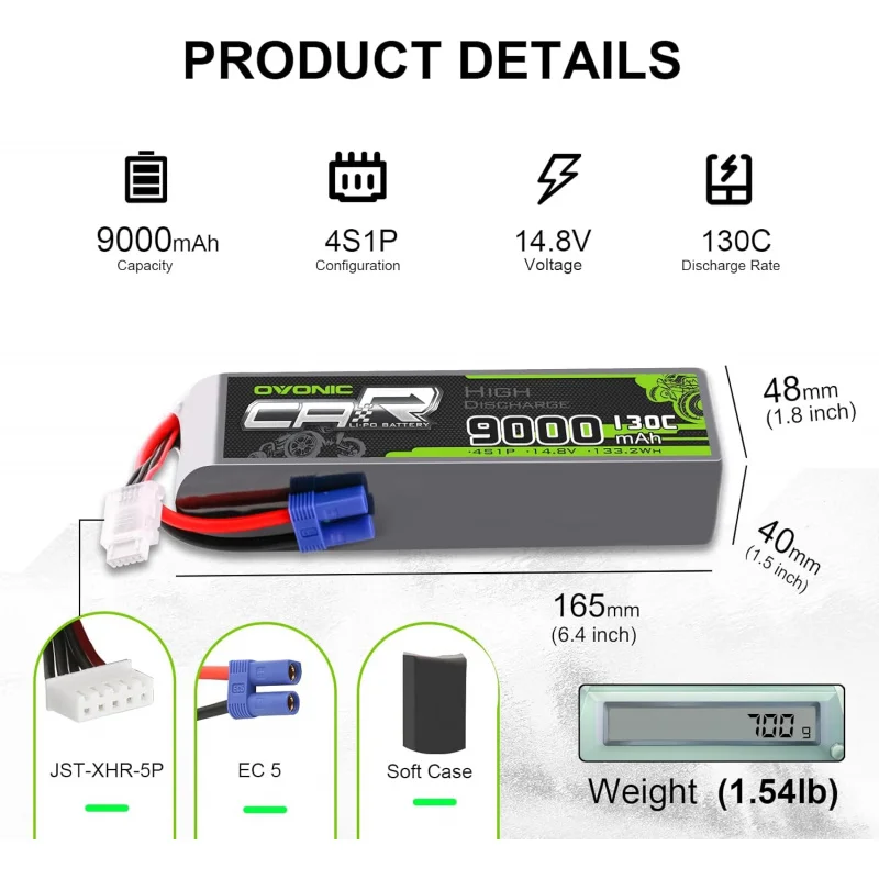 オボニックリポバッテリー,ec5コネクタ付き4s 9000mah 14.8v 130c rc