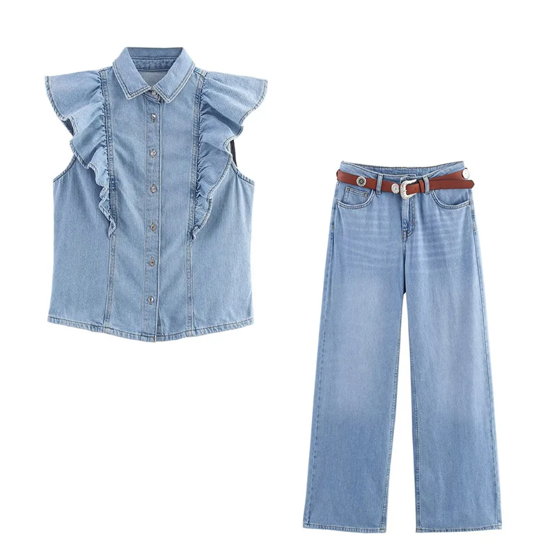 Women 2 Pieces Denim Pants Sets 2025 New Fashion Denim Vest Top Belt Trousers Women's Suit Casual Two Piece Woman Outfits