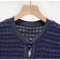 Robe midi en maille pour femme, ornée de diamants, scintillante, ajourée, élégante, col rond, bleu marine, simple boutonnage 1