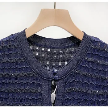 Women Diamond Embellished Sparkling Knitted Dress Hollow Out Elegant Female O-Neck Navy Blue Single Breasted Knit Midi Robe 1