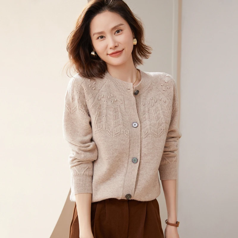 

Autumn Winter Woman's round neck solid color loose Sweater cardigan Fashion 100% pure wool ladies Knitted Cashmere Outwear top