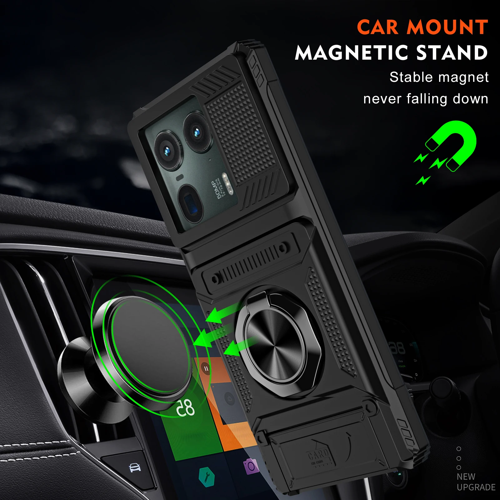 Shockproof Heavy Armor Phone Case with Metal Ring Holder and Hidden Card Slot