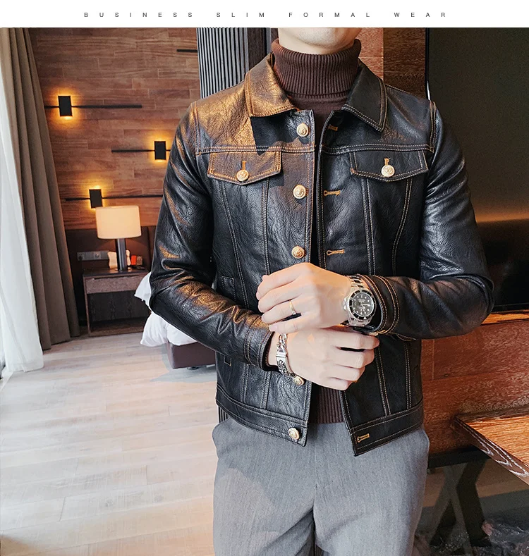 Leather Jacket Men Black Leather Coat Casual Korean Style Chaquetas Hombre Motorrad Jacke Single-breasted Lapel Leather Jacket genuine leather motorcycle jackets