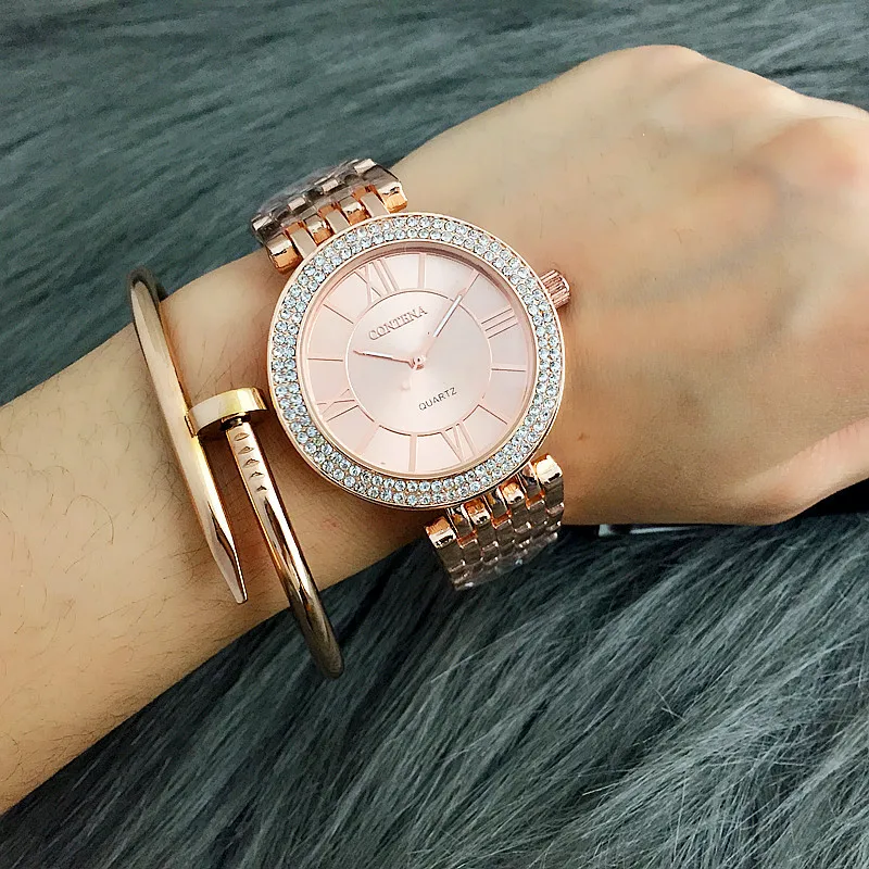 

Luxury Rose Gold Rhinestones Women Watches Stainless Steel Ladies Quartz Wrist Watch Fashion Elegant Female Clock montres femmes