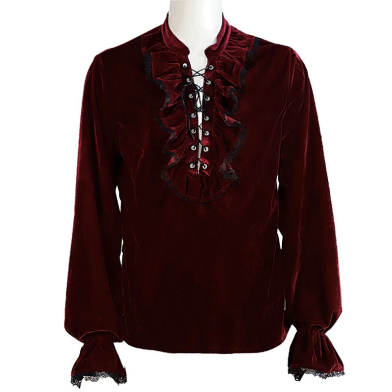 

Parklees Medieval Gothic Mens Velvet Shirt Autumn Long Sleeve Lace Up Retro Velour Shirt Cosplay Party Stage Prince Costume Male