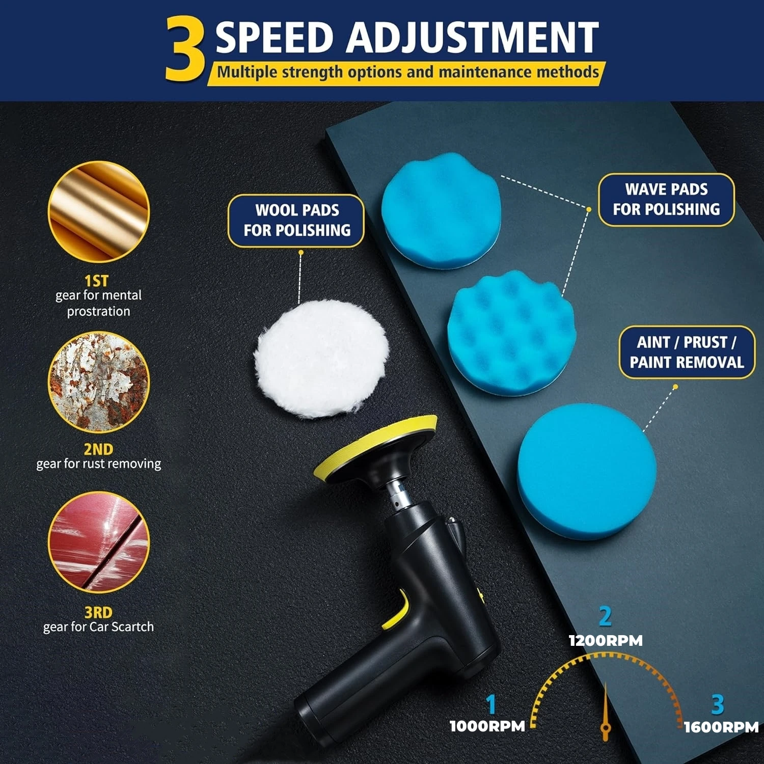 Car Polisher Waxer Electric Drill Tool Kit 3 Speeds 4000 mAh 1600RPM For Detailing Polishing Repair