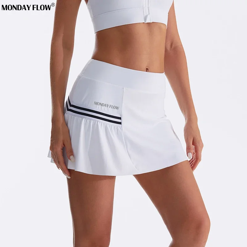 Monday Flow Women High Waist Double Layer Golf Pleated Skirt Sports Tennis Skirts Gym Fitness Running Athletic Workout Skort