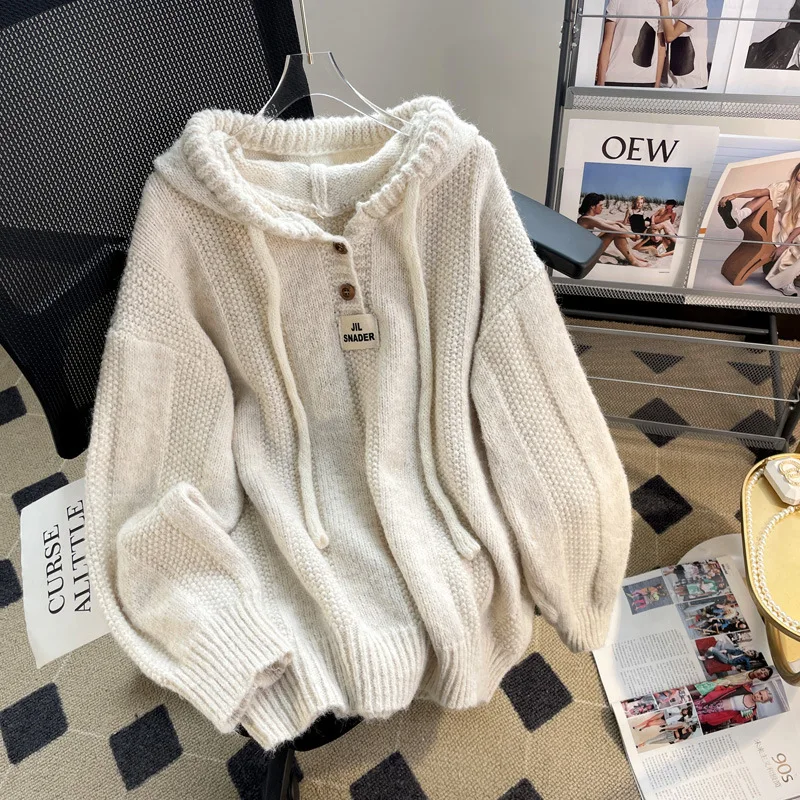 

Hsa Women Winter Thick Sweater and Hooded Knit Jumpers Letters Embroidery Oversized Sweater Coat Pull Femme Hiver Chic Thick Top