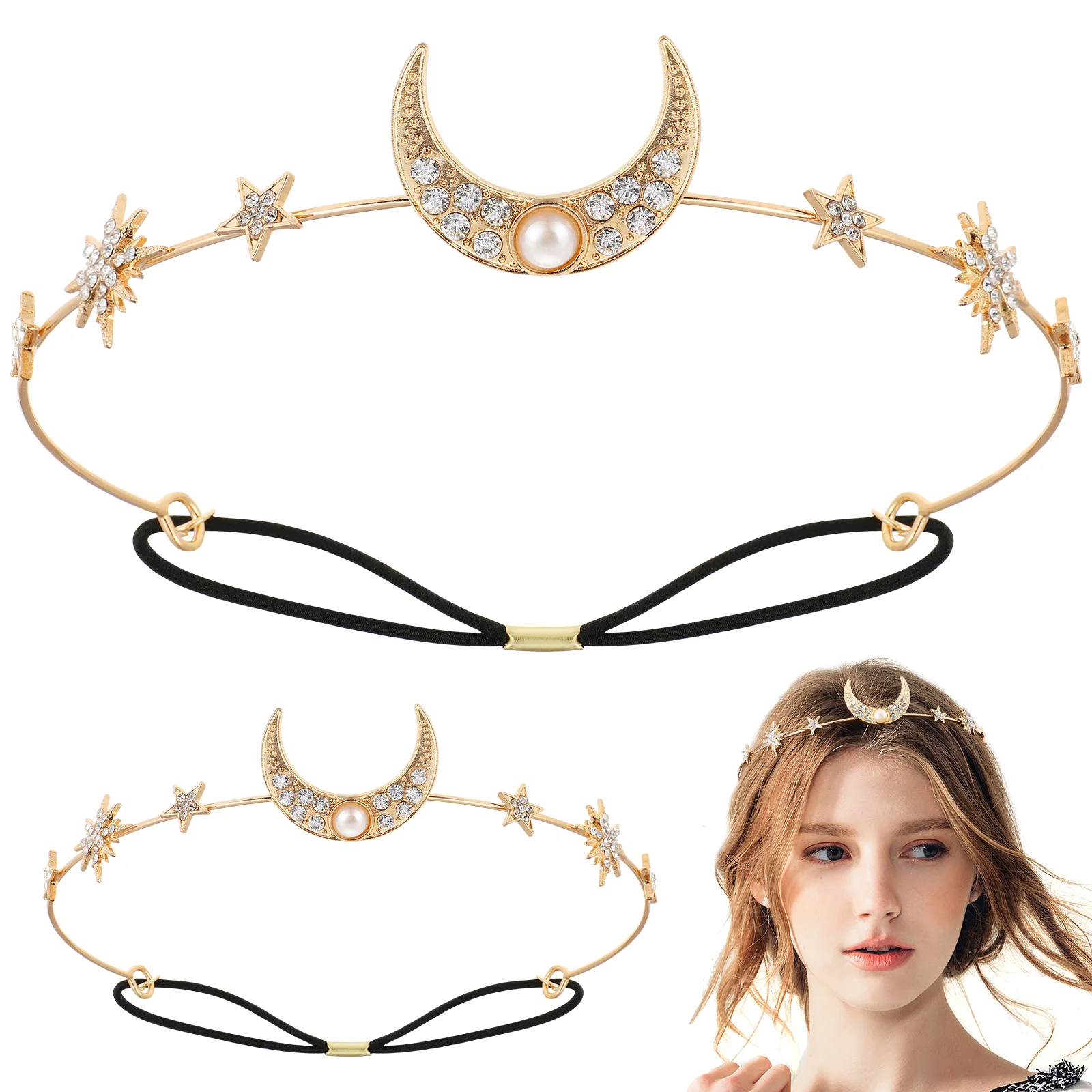 2 Pcs Retro Head Chains Headbands Rhinestones Bead Decorative Moon Star Headpieces Bohemian Hair Accessories for Women Girls 5pcs deepeel 12cm metal purse bag handle frame bead kiss clasp retro brass wallet sewing bracket buckle diy hardware accessories